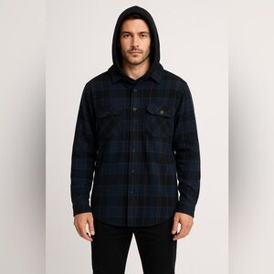 reVess Men’s Hooded Plaid Flannel Shirt Blue Black Button Up L Fisherman Angler